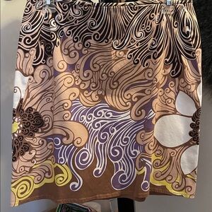 Tahari A-line Graphic Swirl Tan, Brown and Lavender Floral Stretch Skirt